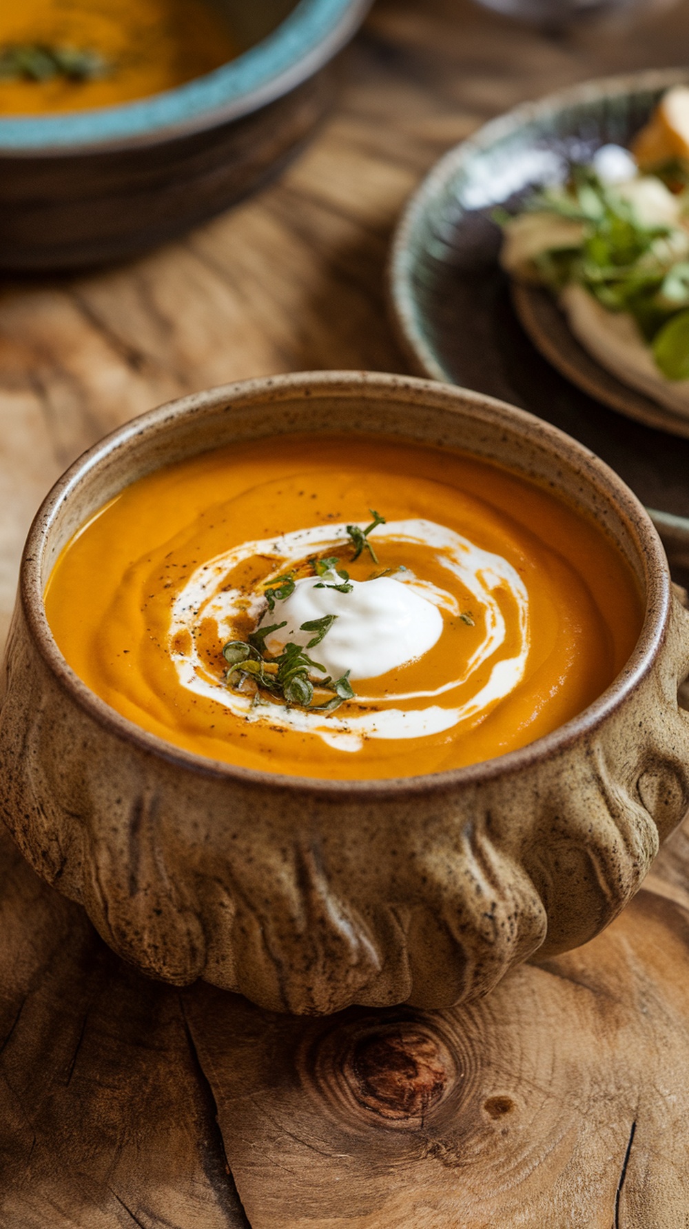 A bowl of pumpkin soup topped with coconut cream and herbs