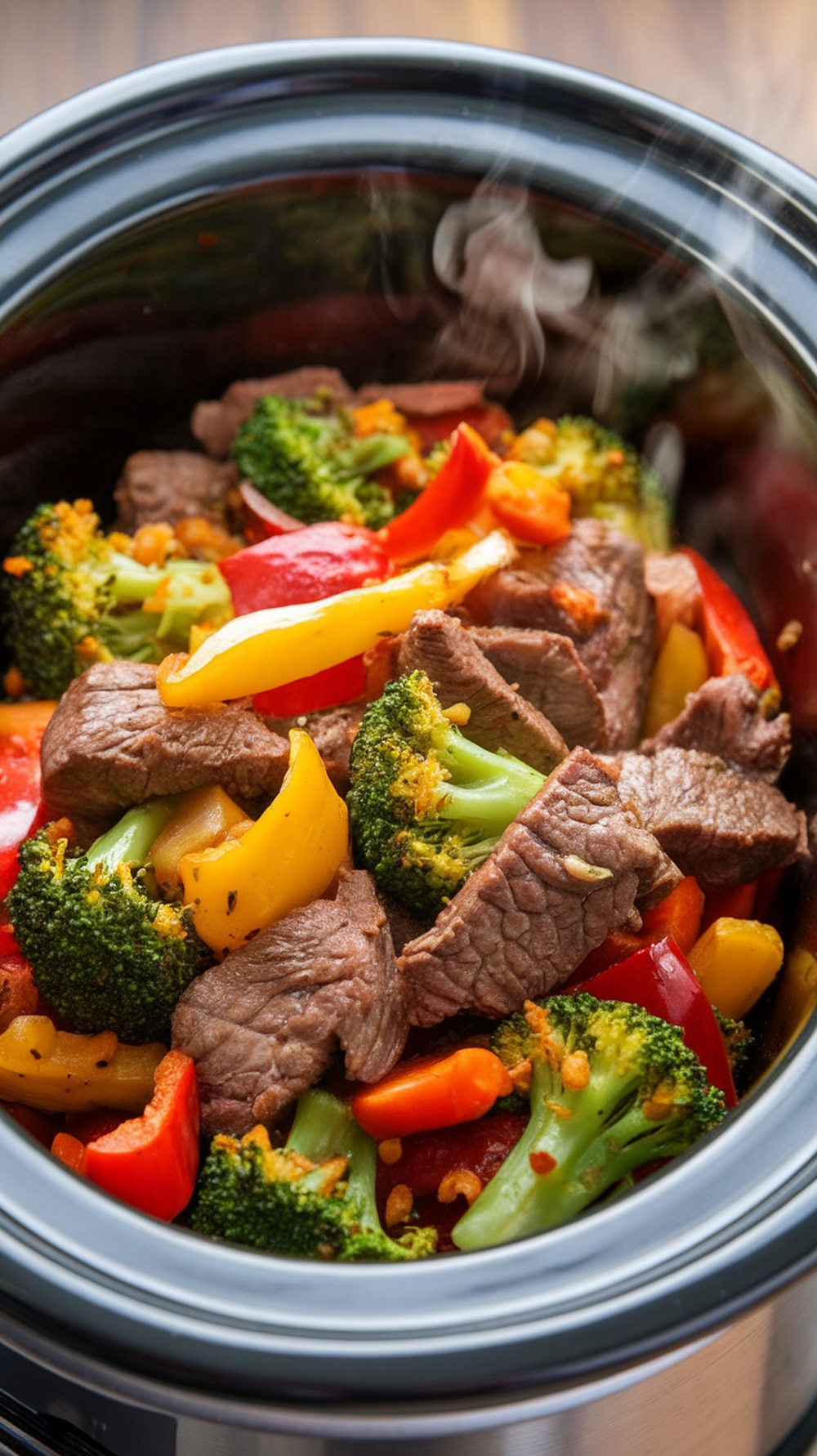 A slow cooker filled with spicy beef and broccoli stir-fry, featuring colorful bell peppers and steam rising from the dish.