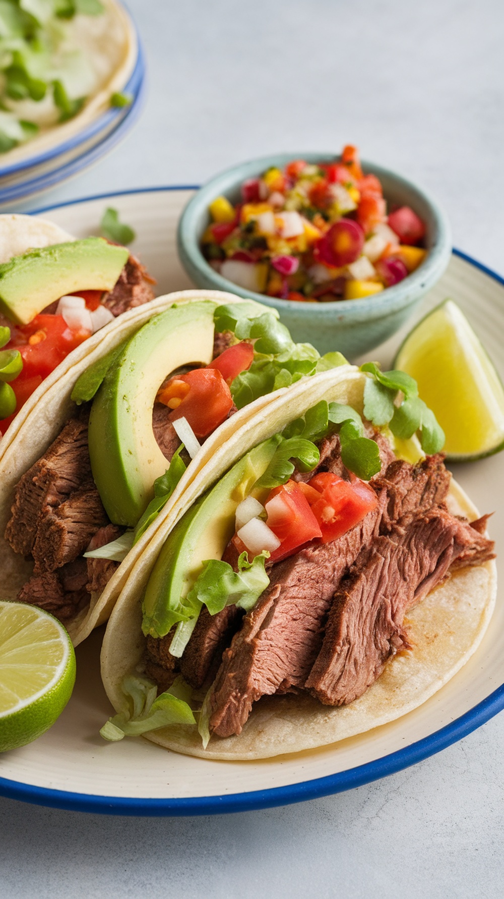 Delicious Mexican-inspired pot roast tacos with avocado, lettuce, and tomato, served with lime and salsa.