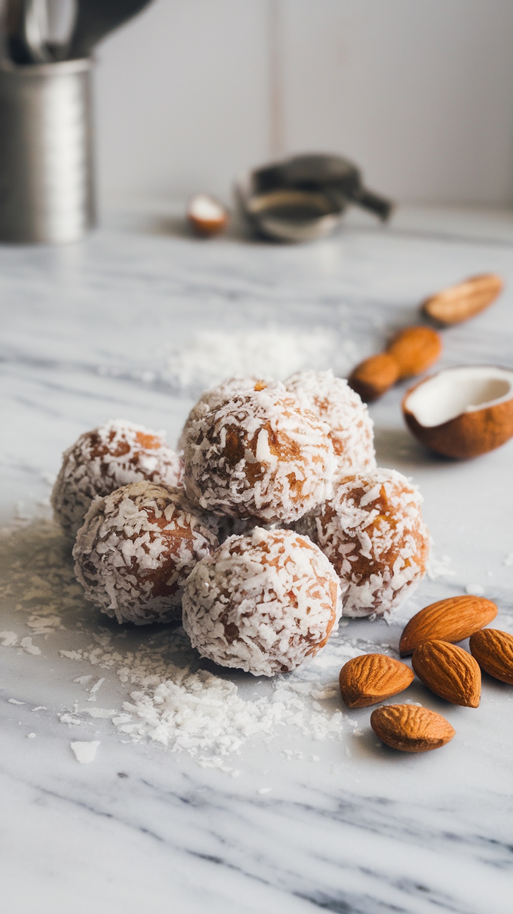 A stack of Coconut Almond Bliss Balls coated in shredded coconut, with almonds scattered around on a marble surface.