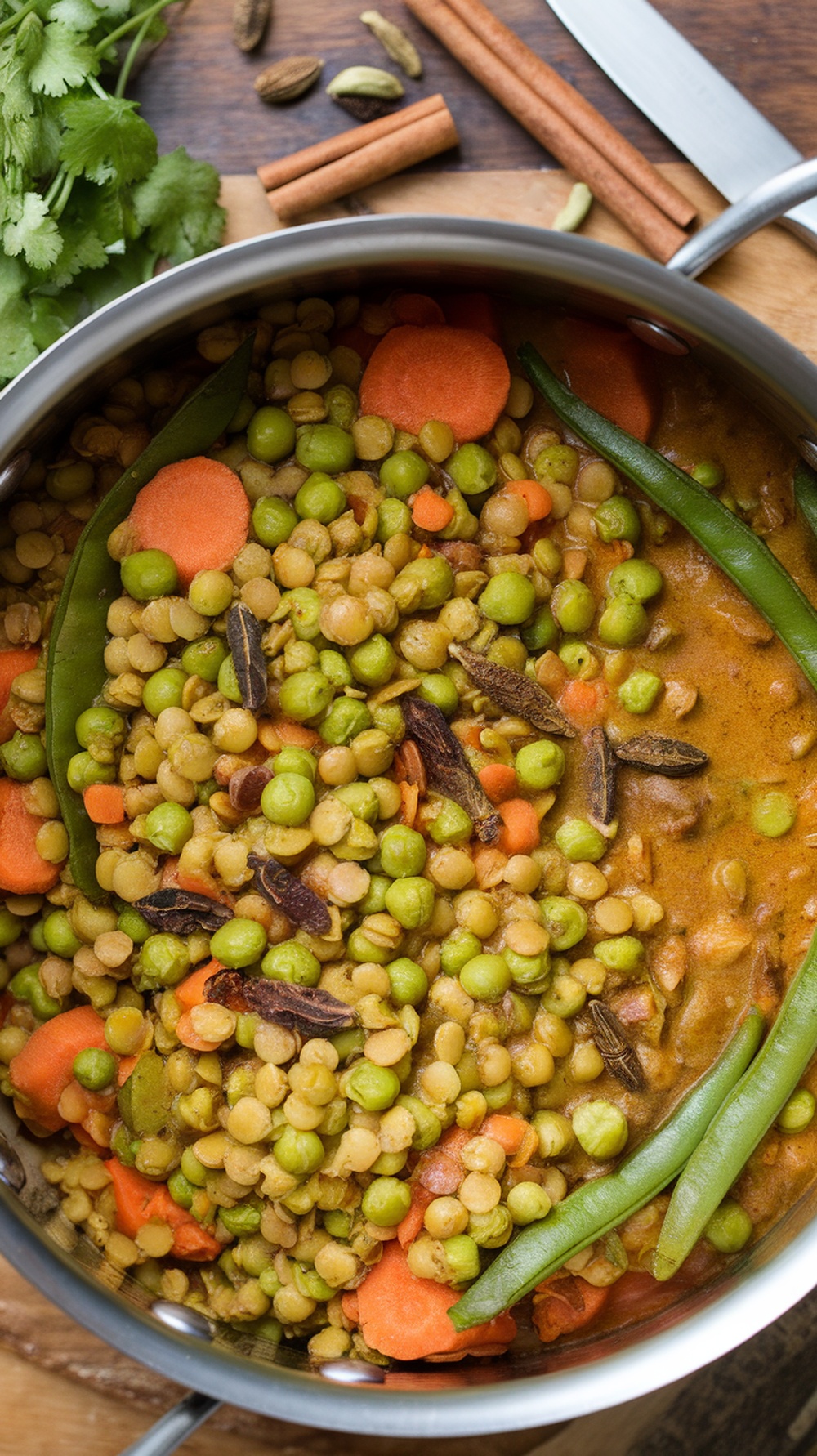 A pot of vegetable and lentil curry with vibrant colors and spices