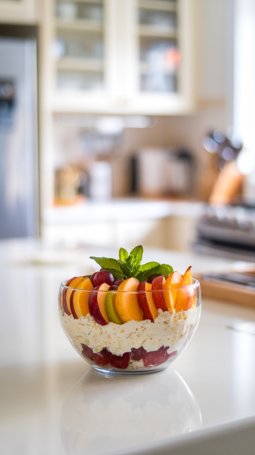 A colorful bowl of cottage cheese topped with fresh fruits and mint leaves