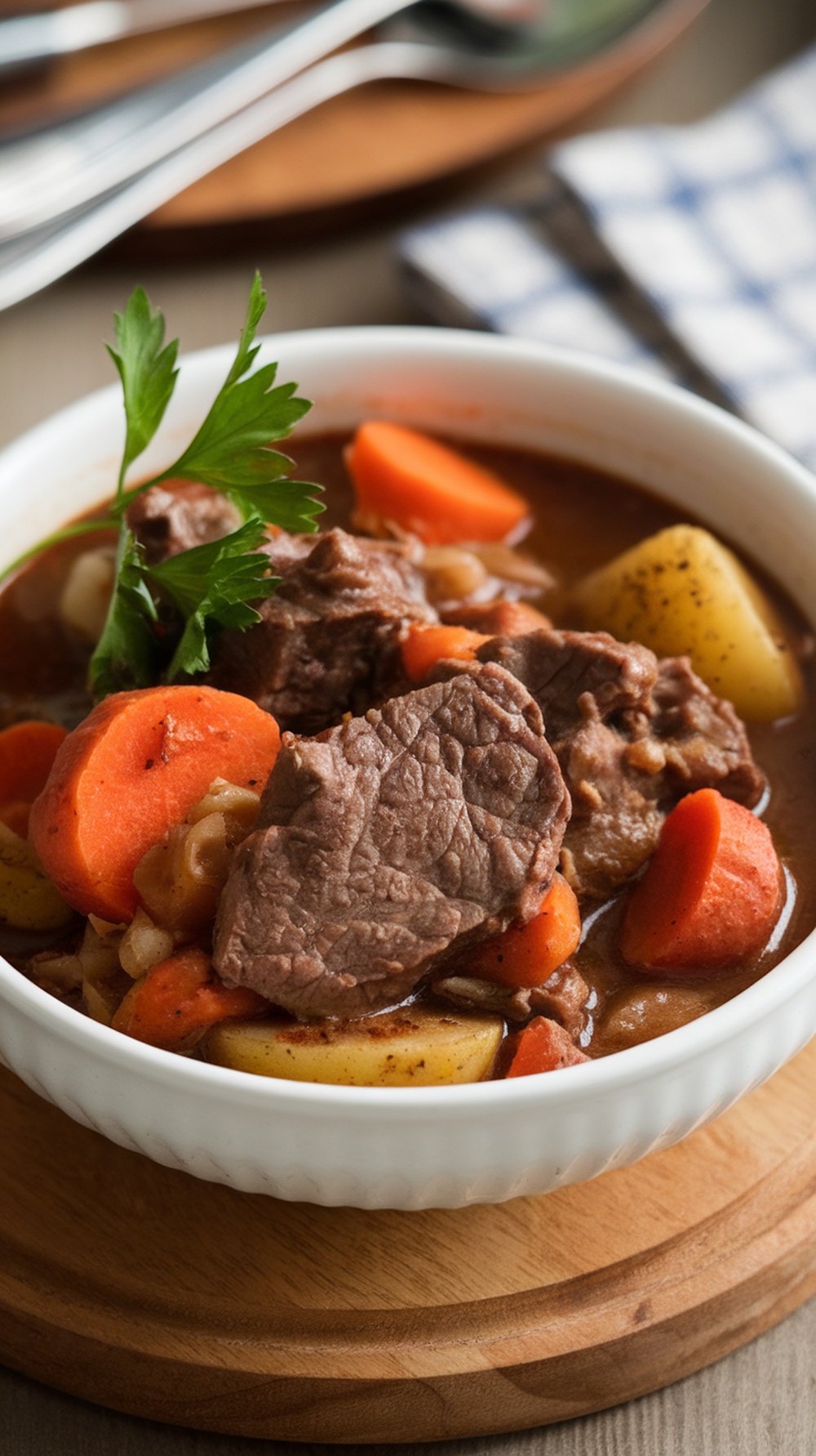 A bowl of hearty beef and vegetable stew with carrots and potatoes.