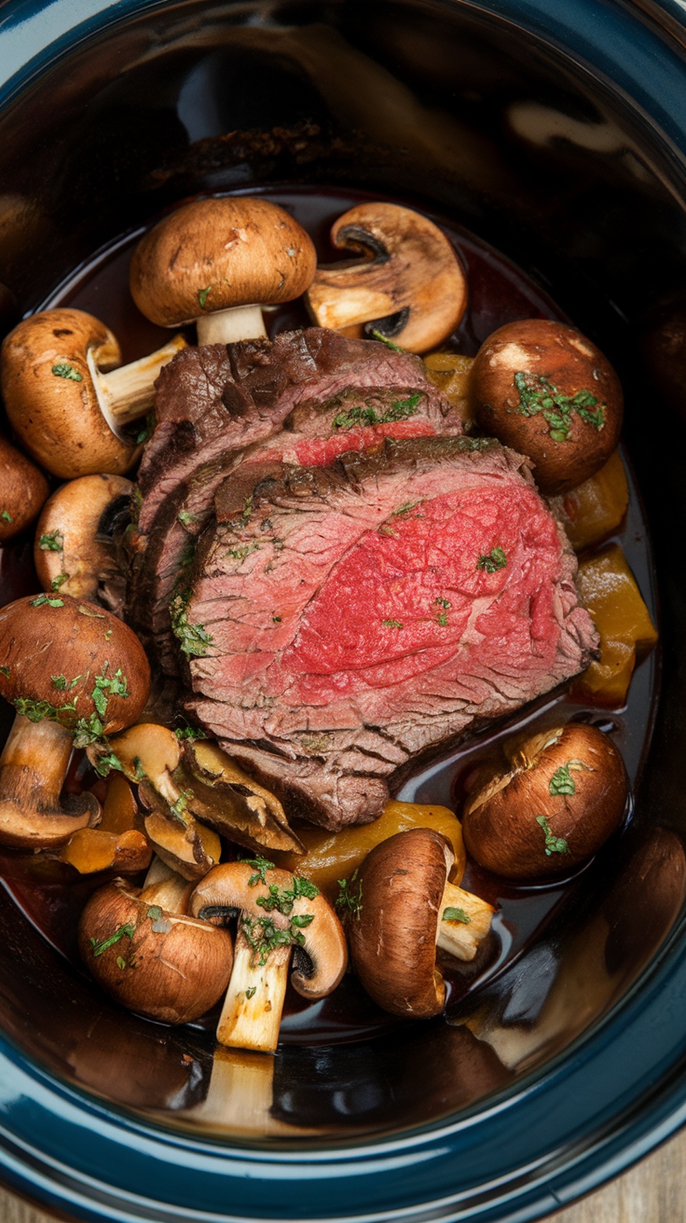 A close-up of Beef Bourguignon with mushrooms in a slow cooker.