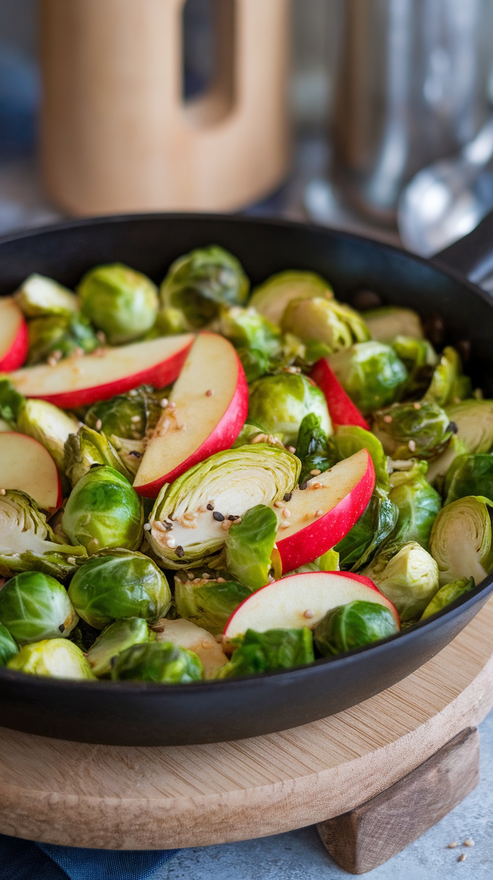 A colorful stir-fry with sliced apples and Brussels sprouts in a skillet.