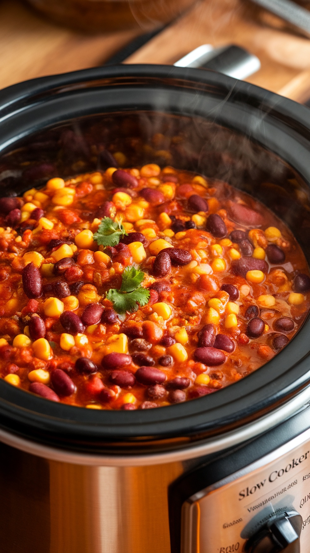 A steaming pot of spicy vegetarian chili with beans, corn, and tomatoes in a slow cooker.