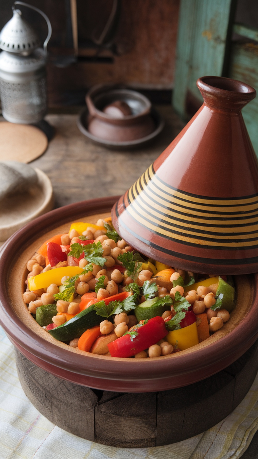 A colorful vegetable and chickpea tagine in a traditional clay pot, surrounded by rustic kitchen items.