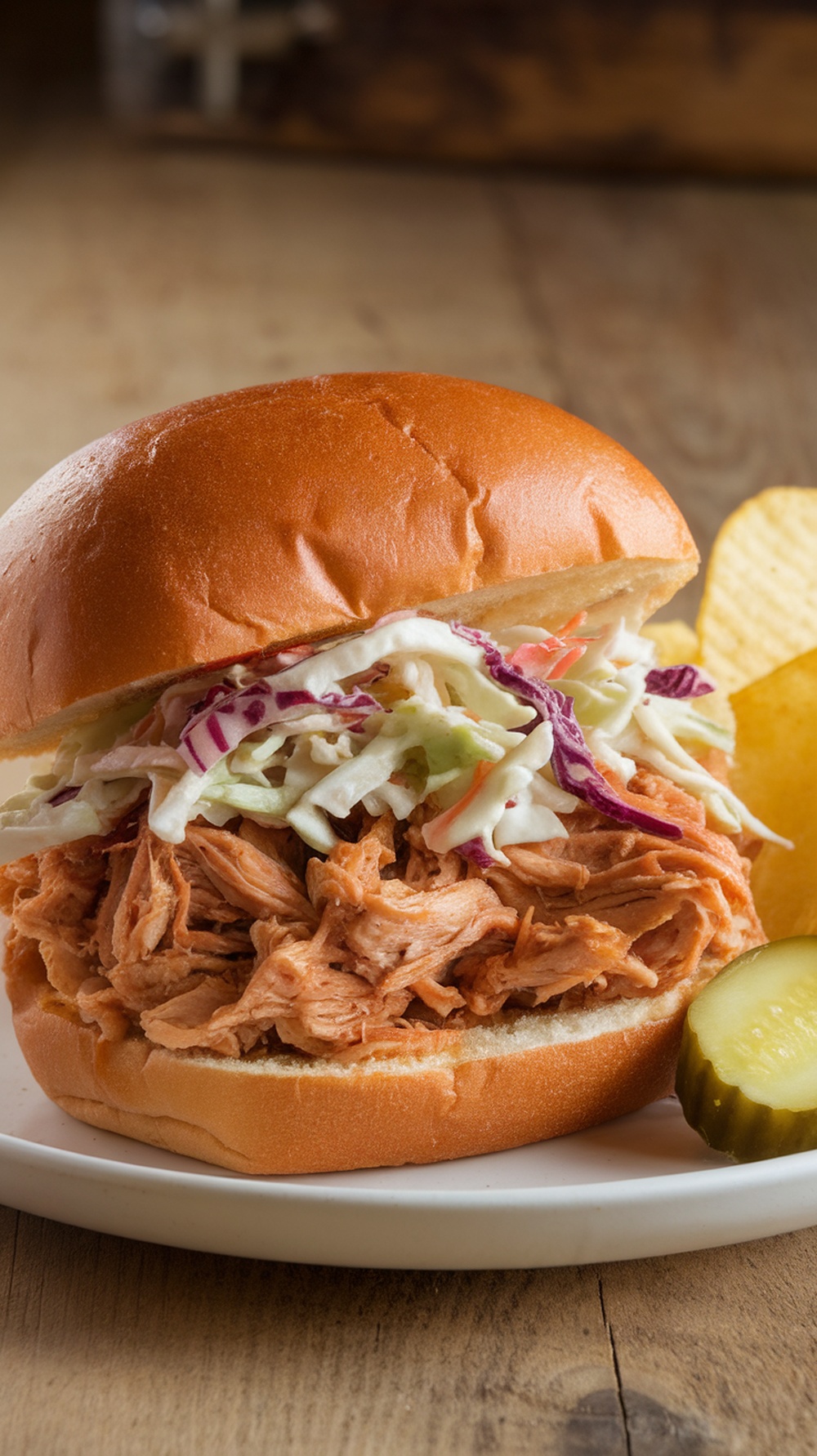 BBQ chicken sandwich with coleslaw on a plate