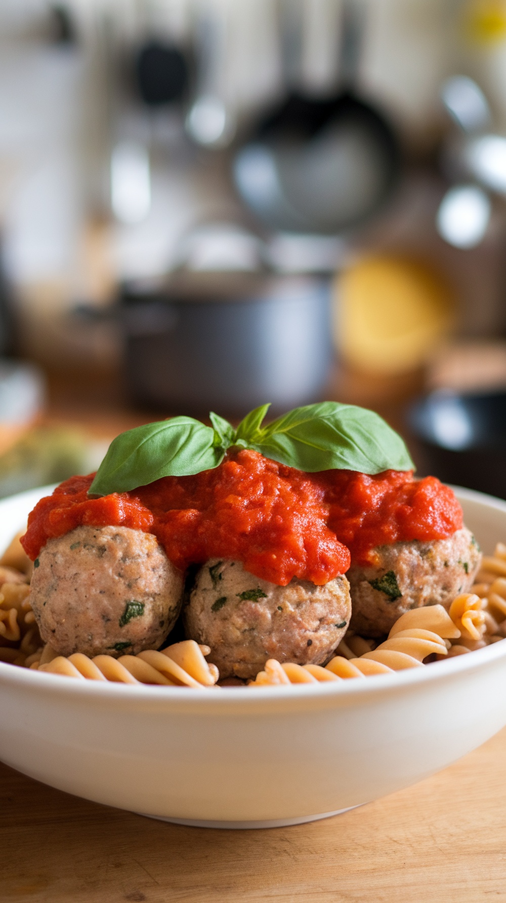 Turkey and zucchini meatballs with marinara sauce on a bed of pasta, garnished with fresh basil.