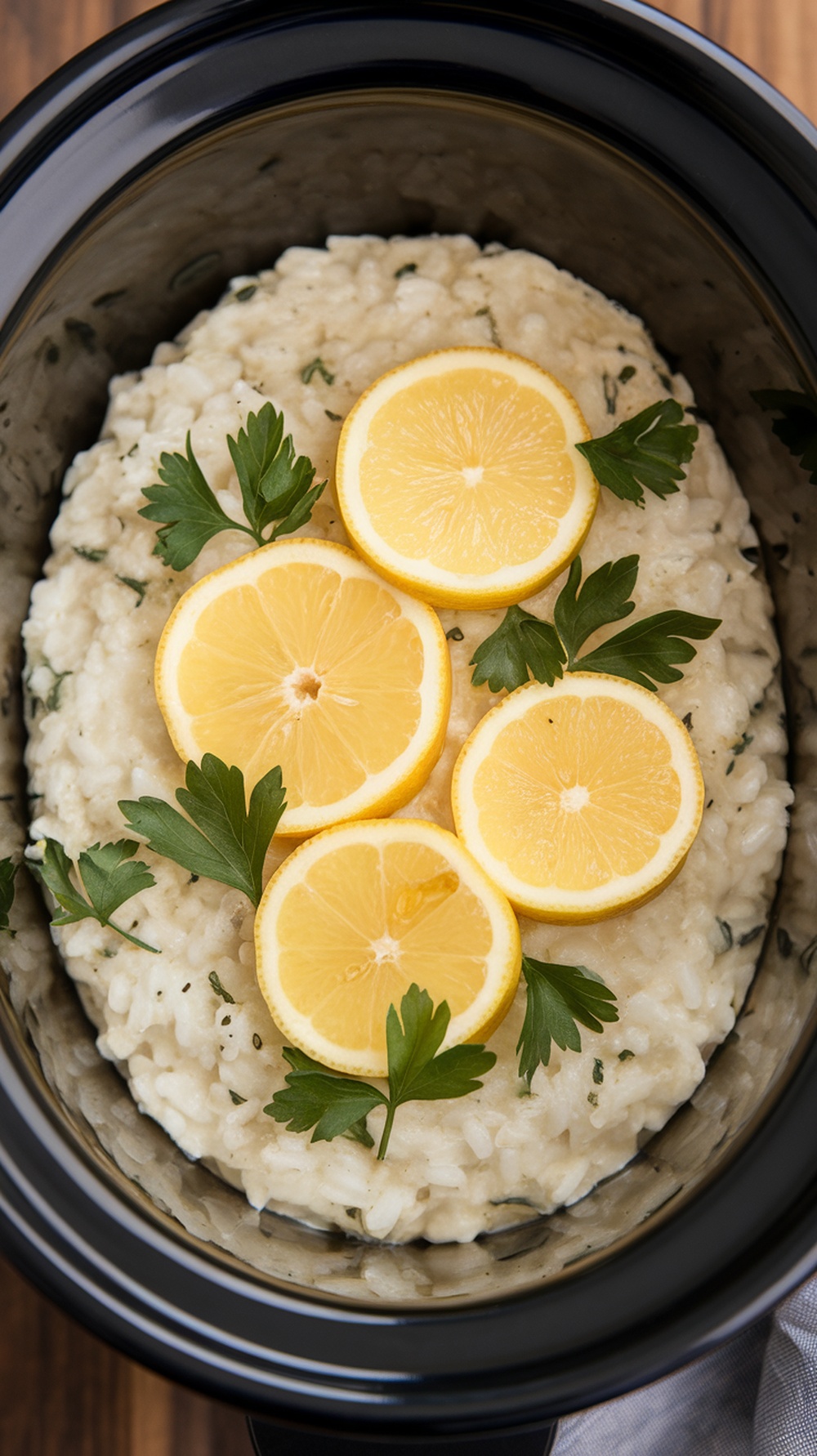 A bowl of creamy risotto topped with lemon slices and parsley in a slow cooker.