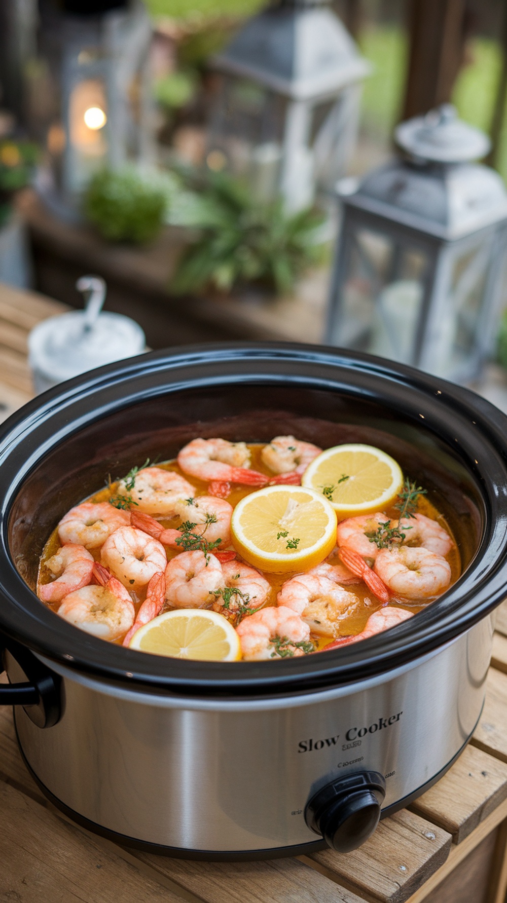 A slow cooker filled with lemon garlic shrimp, garnished with lemon slices and thyme.