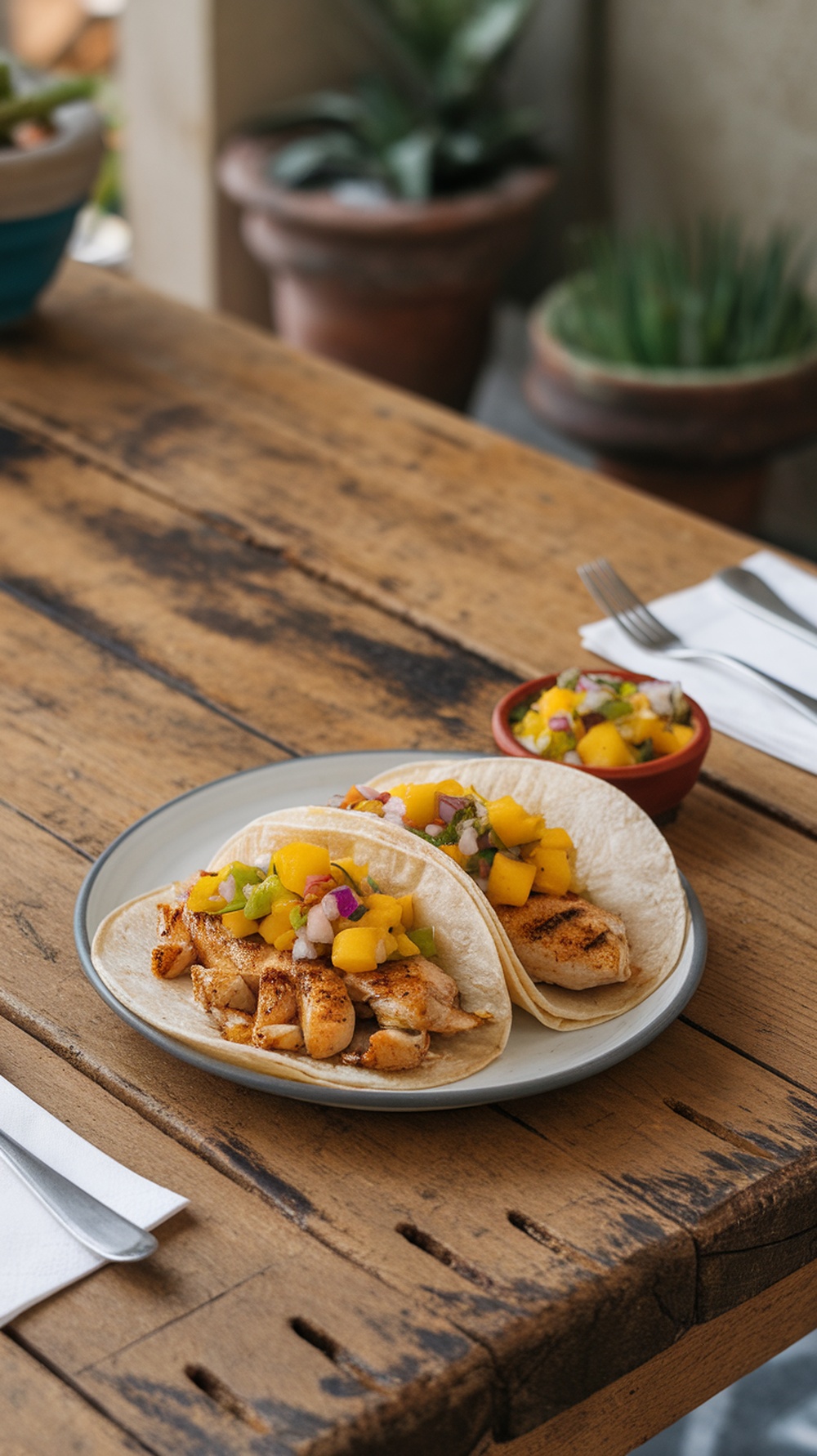 Grilled chicken tacos with mango salsa on a plate