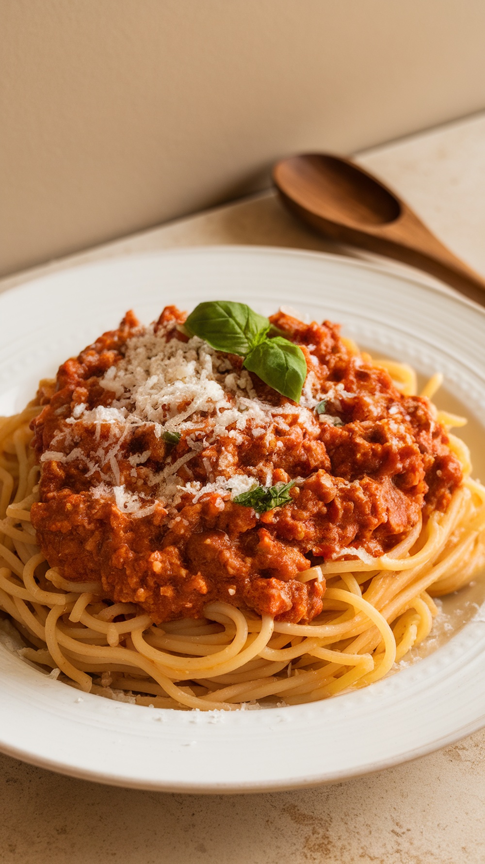 A plate of spaghetti topped with Bolognese sauce, garnished with basil and cheese.
