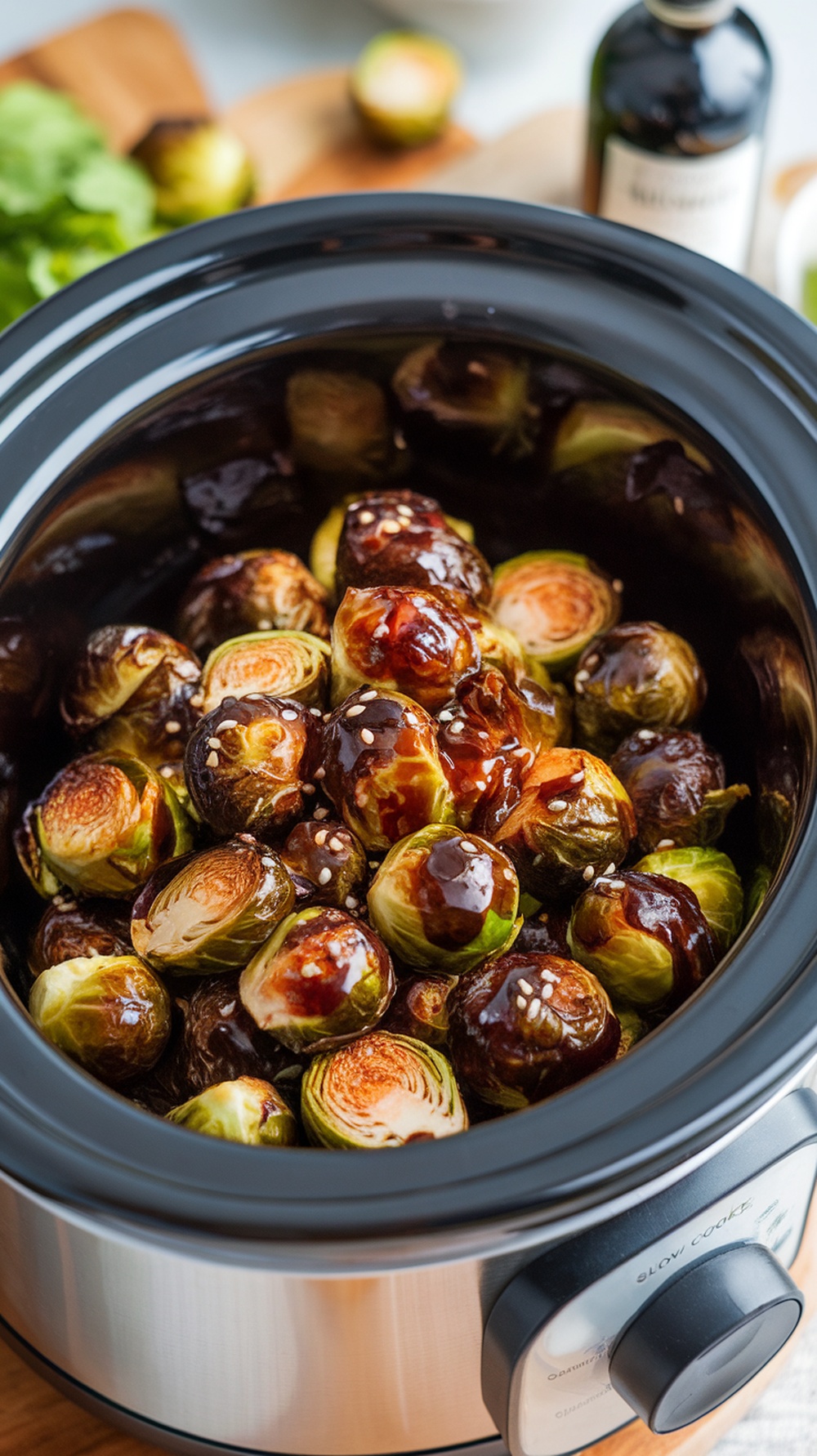 A slow cooker filled with balsamic glazed Brussels sprouts, showcasing their vibrant colors and shiny glaze.
