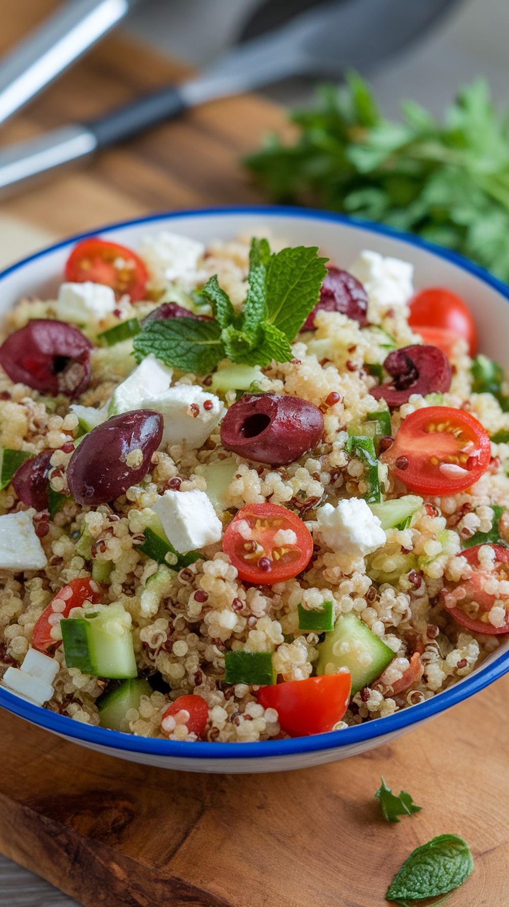 A bowl of Mediterranean quinoa salad with cucumbers, tomatoes, olives, and feta cheese.