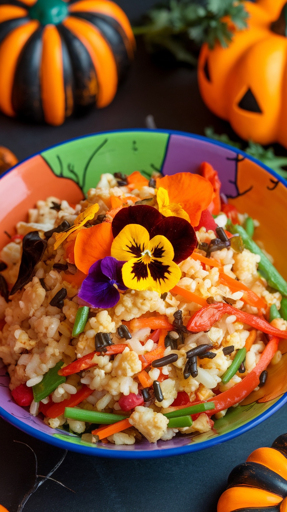A colorful bowl of cauliflower rice stir-fry with various vegetables and edible flowers, set against a Halloween-themed background.