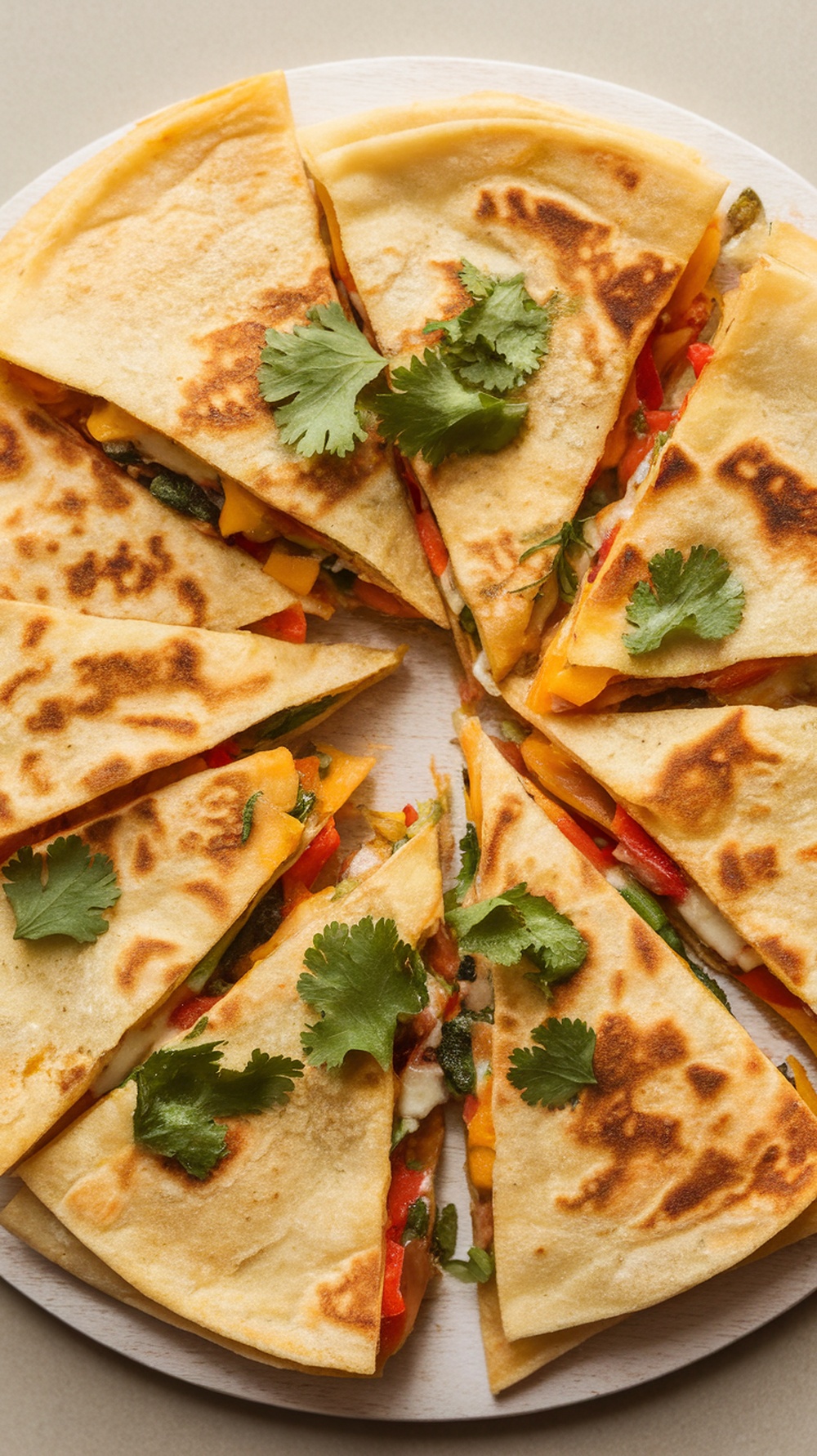 Vegetable and cheese quesadillas sliced into wedges, garnished with cilantro.