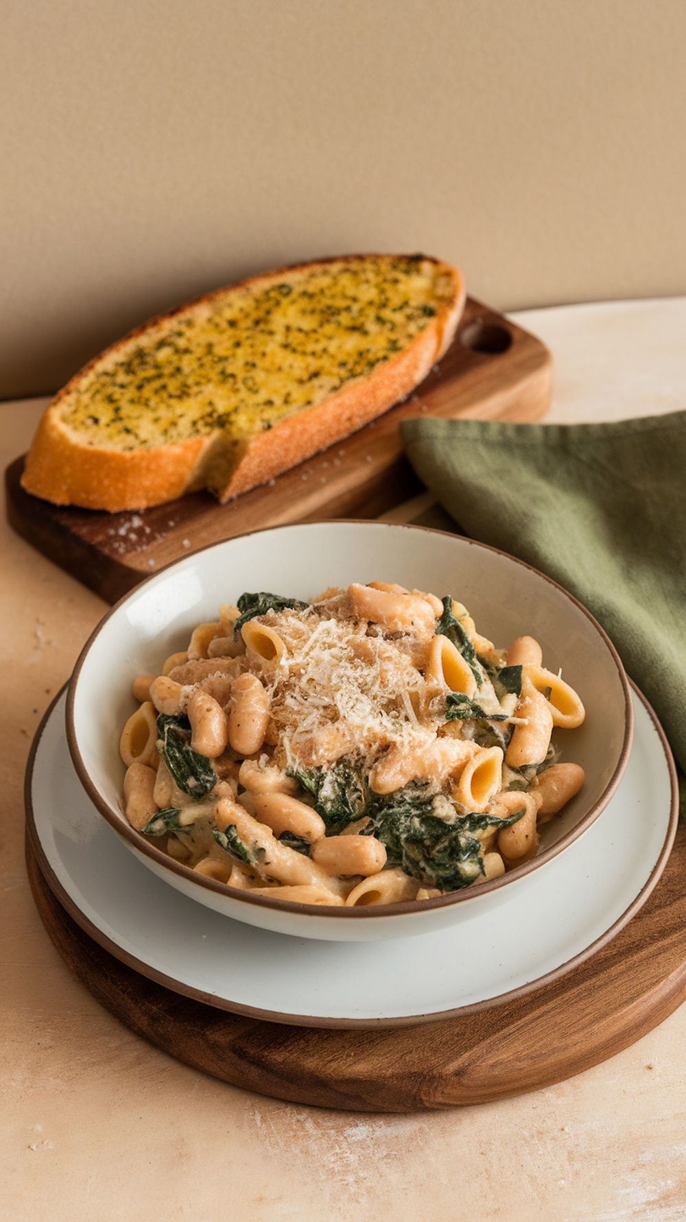 A bowl of creamy white bean and spinach pasta served with garlic bread on the side.