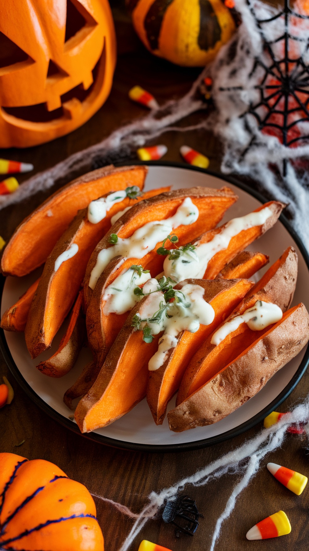 Baked sweet potato wedges with garlic dip, surrounded by Halloween decorations.