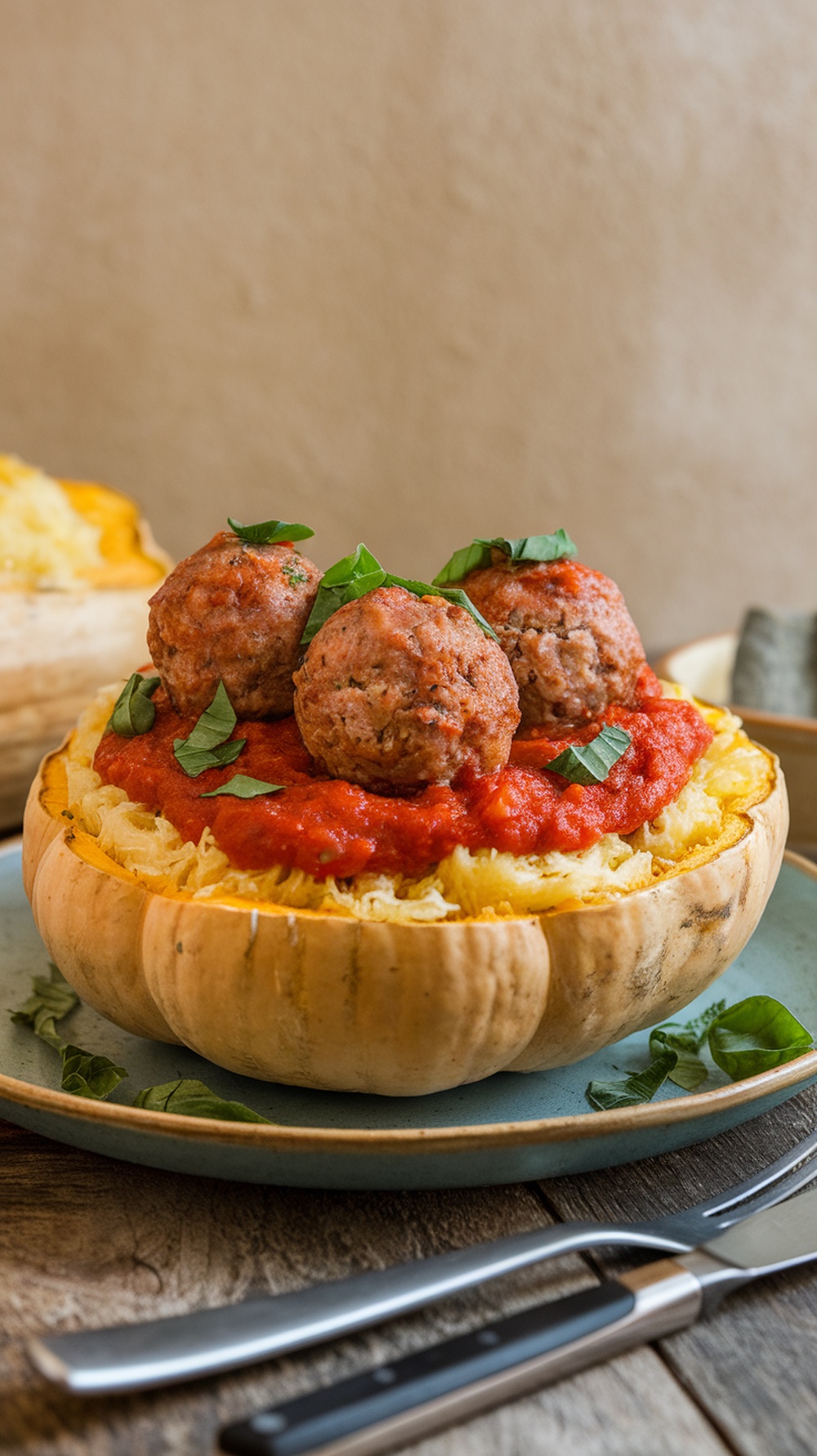 A delicious plate of spaghetti squash topped with marinara sauce and turkey meatballs, garnished with fresh basil.