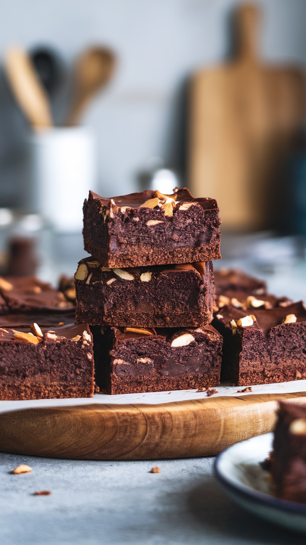 A stack of fudgy almond flour protein brownies topped with almond slices, placed on a wooden board.