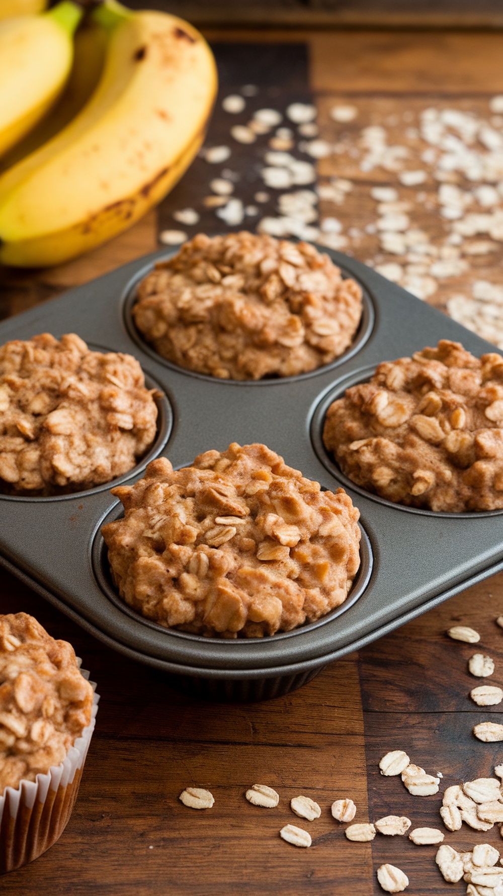 Banana oatmeal protein muffins in a muffin tin with bananas and oats in the background
