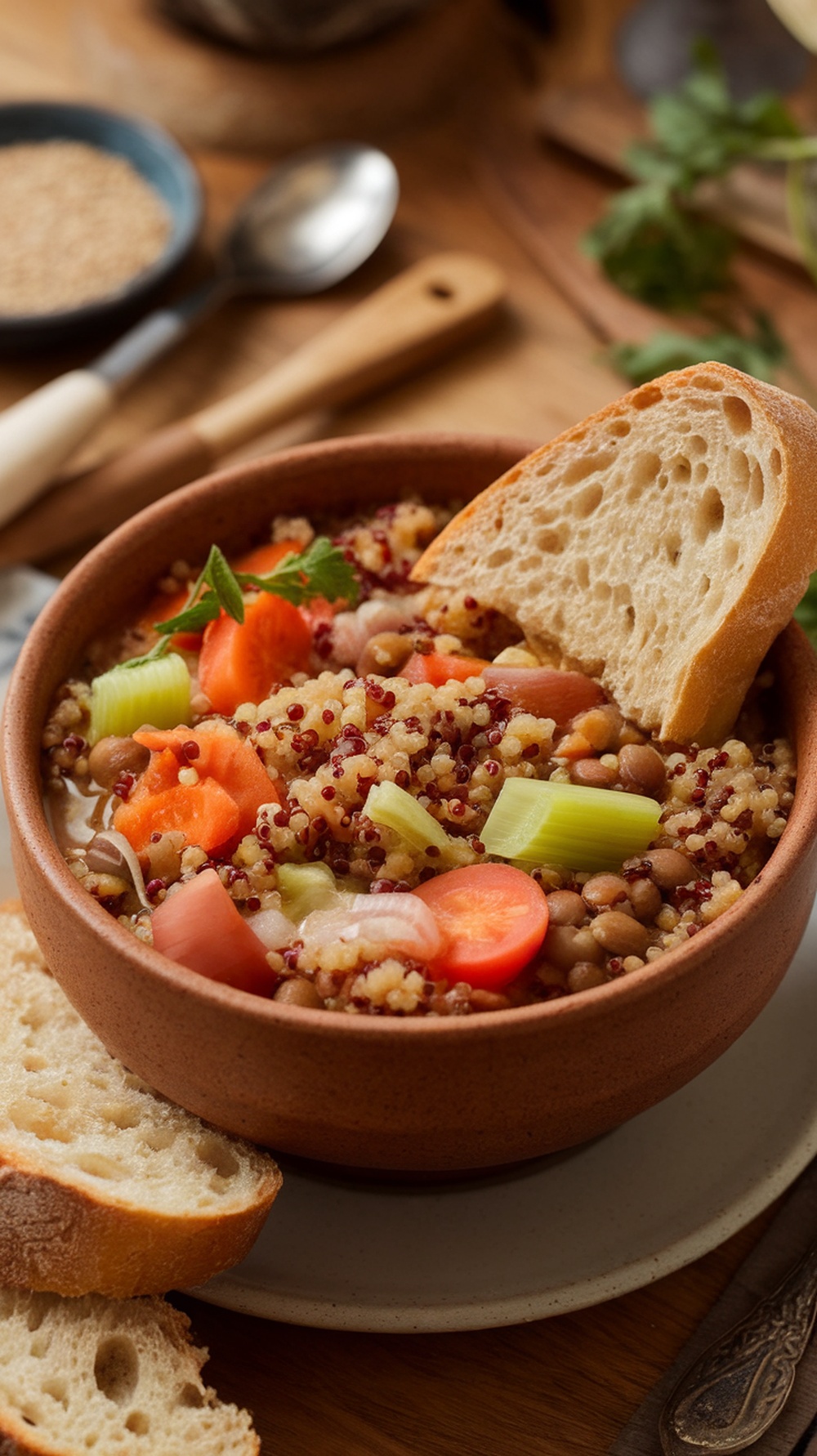 A bowl of quinoa and lentil soup with vegetables and a slice of bread on the side.