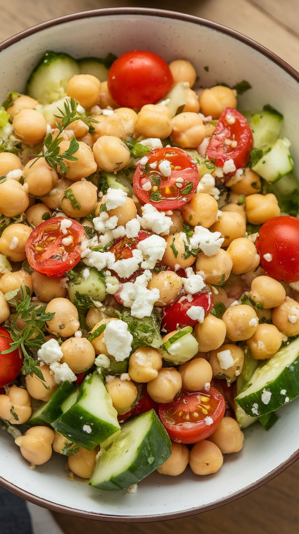 Chickpea salad with cucumbers and feta cheese in a bowl