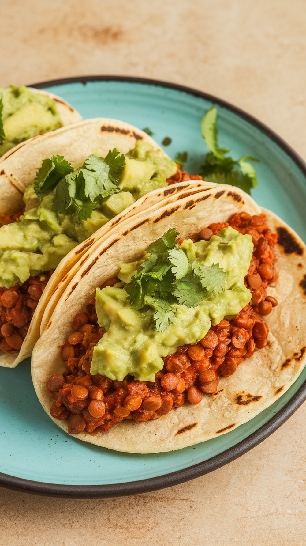 Spicy lentil tacos topped with avocado salsa and cilantro on a blue plate.