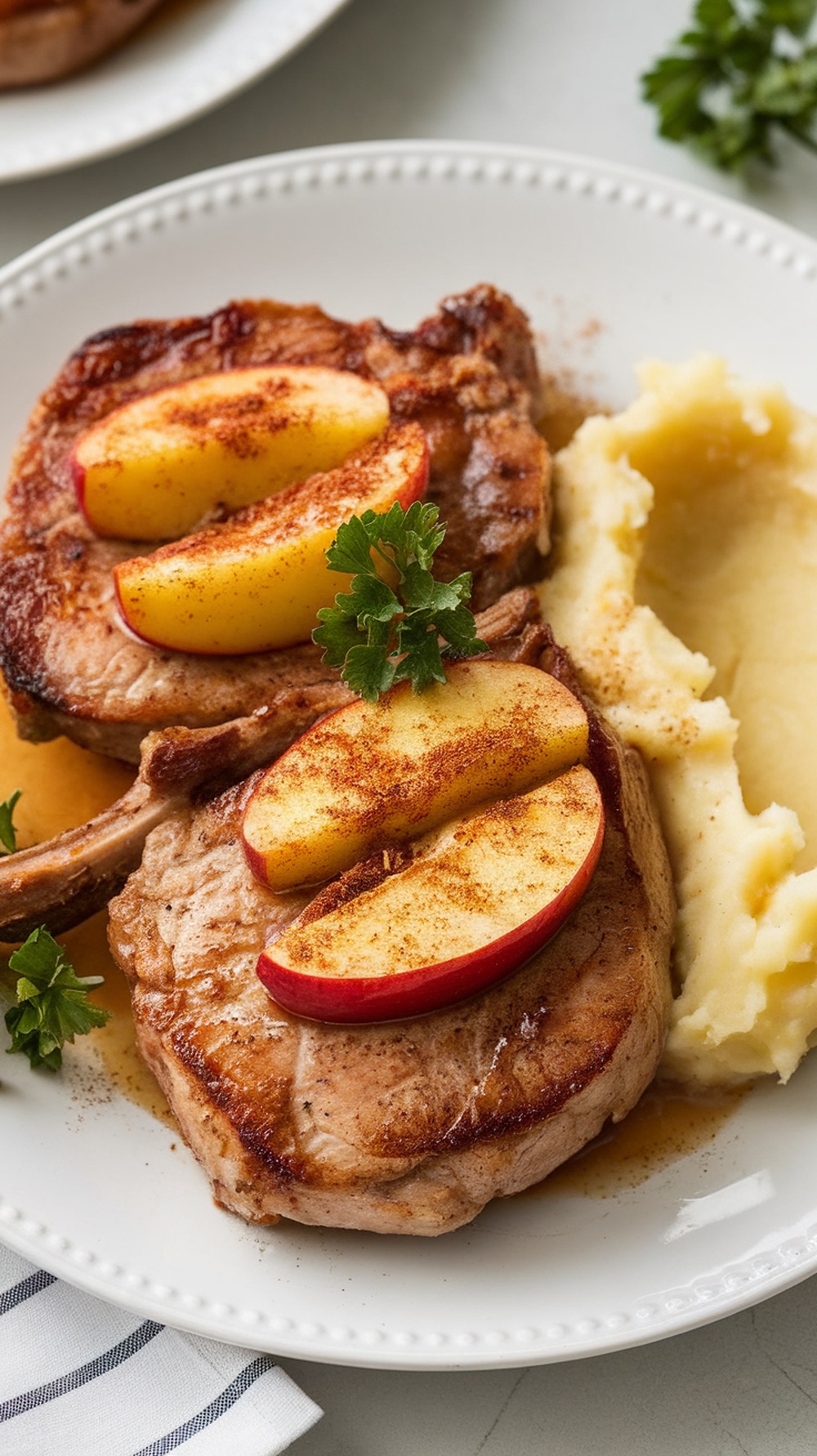 Delicious cinnamon apple pork chops served with mashed potatoes and garnished with apple slices.