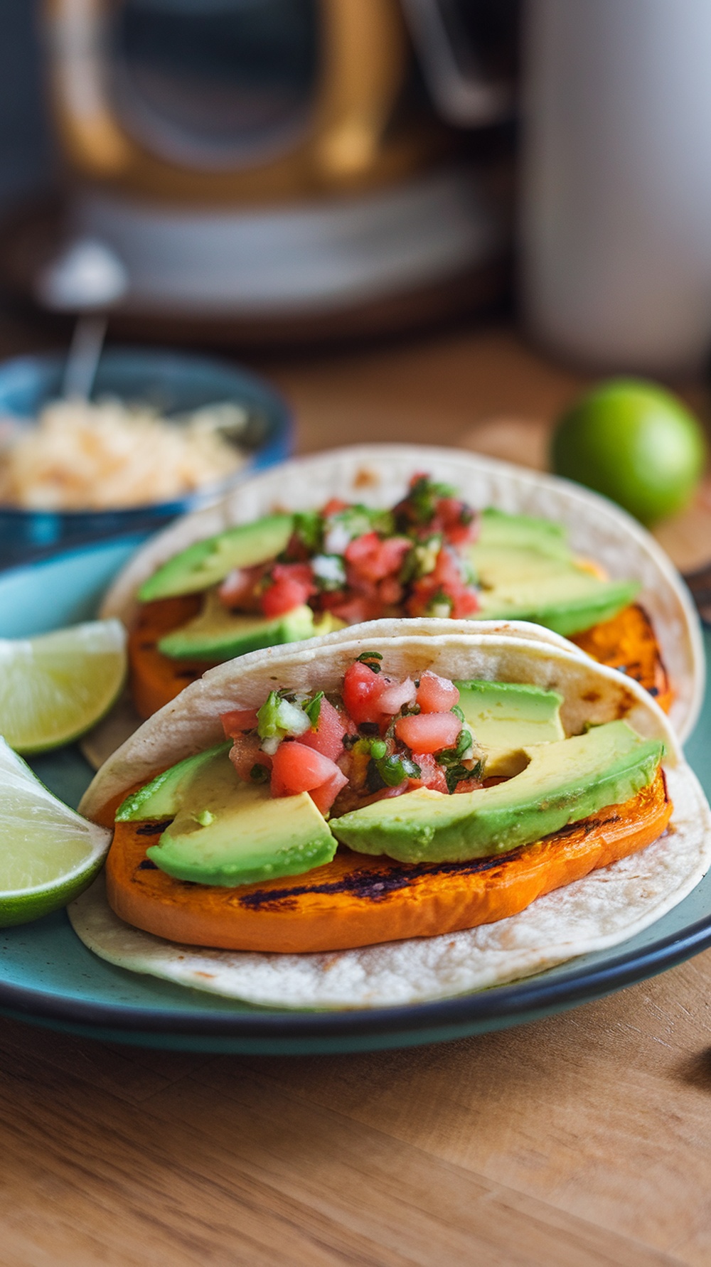 Grilled butternut squash tacos with avocado and salsa on a plate
