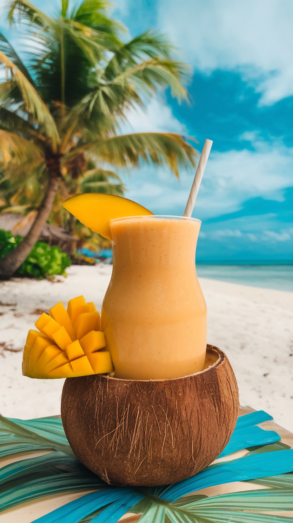 A tropical mango coconut smoothie served in a coconut shell with a slice of mango on top, set against a beach background.