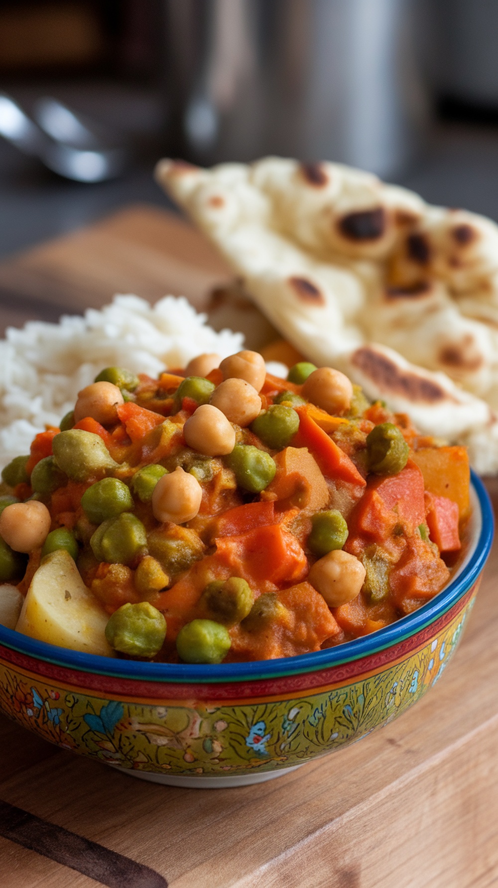 A colorful bowl of vegetable and chickpea curry served with rice and naan.