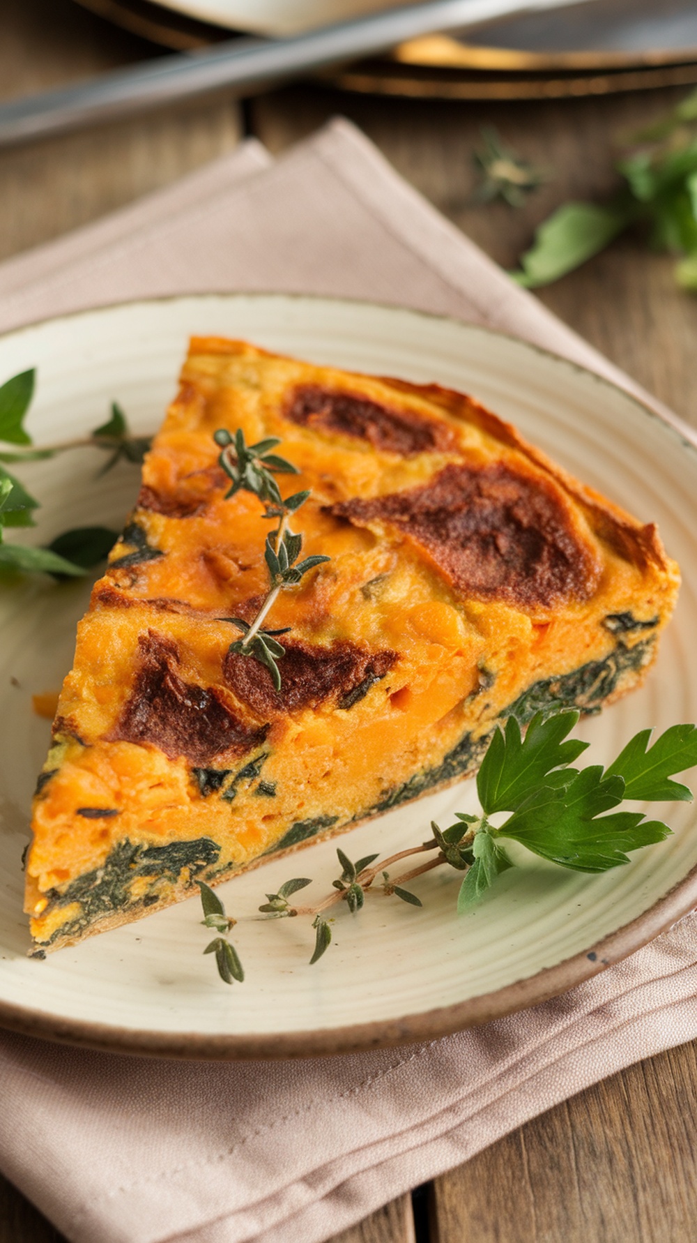 Slice of butternut squash and spinach frittata on a plate, garnished with herbs.