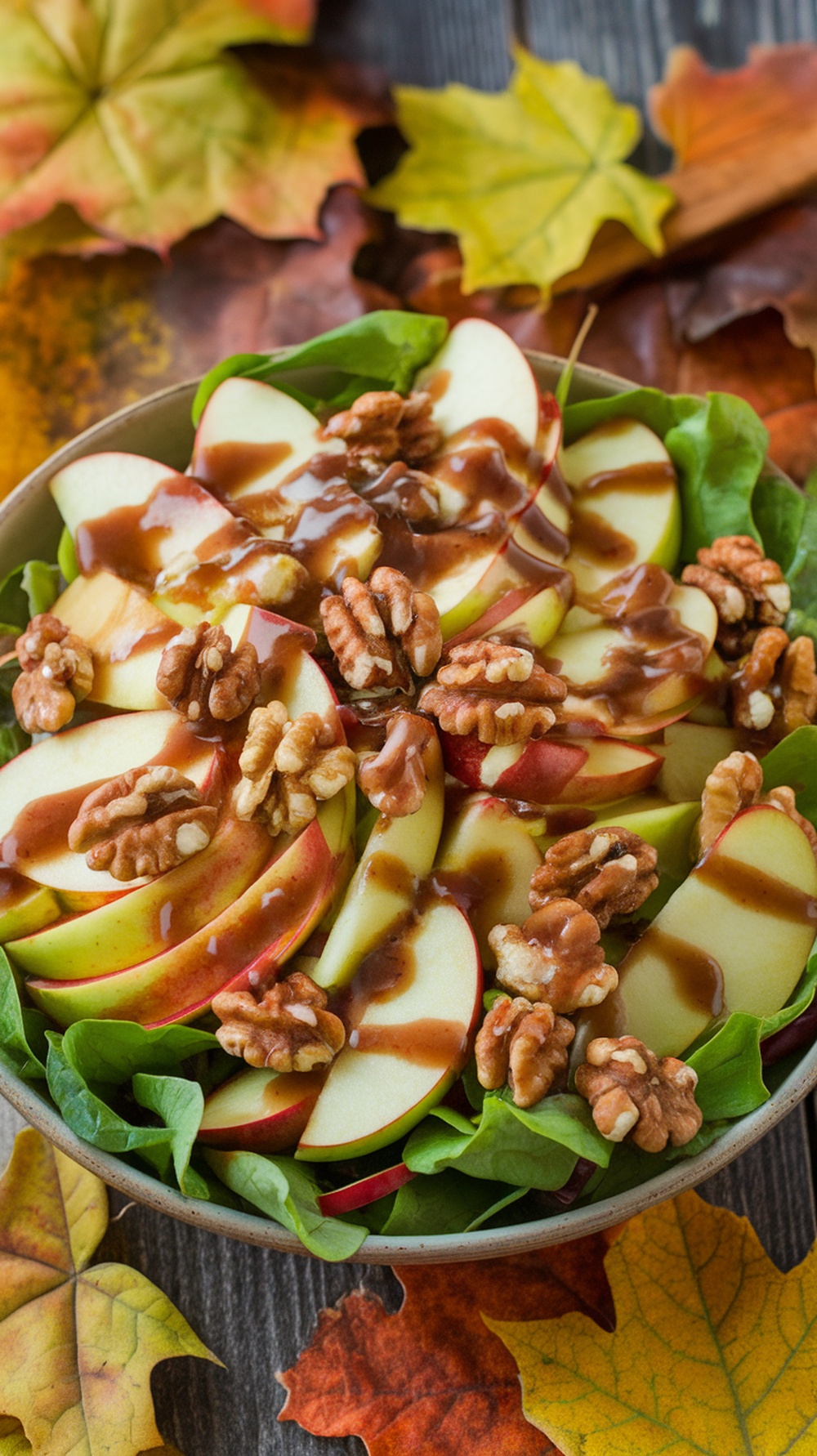 A bowl of apple and walnut salad with cinnamon dressing on a wooden table surrounded by autumn leaves.