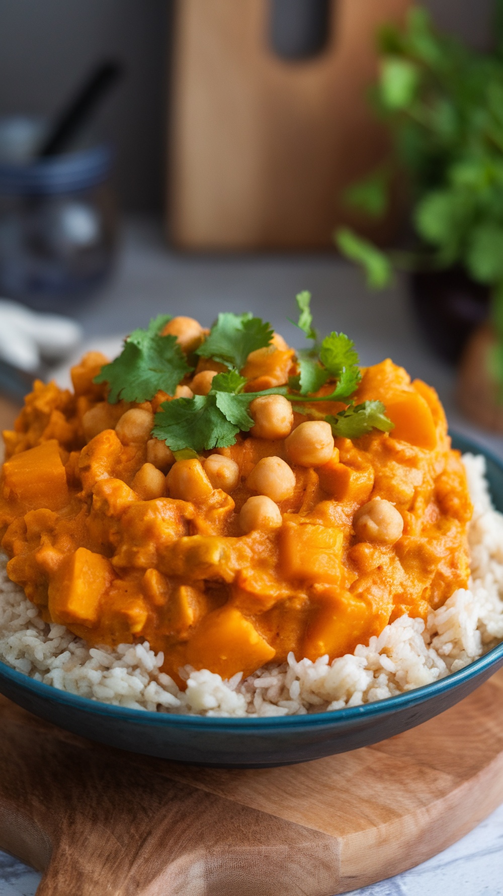 A bowl of butternut squash and chickpea curry served over rice, garnished with cilantro.