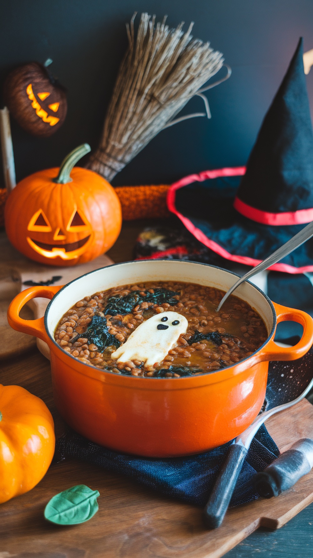 A pot of Witch's Brew Lentil Soup with a ghost-shaped garnish, surrounded by Halloween decorations.