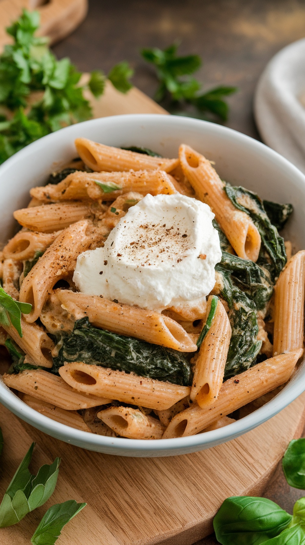 A bowl of whole wheat penne pasta with spinach and ricotta, garnished with fresh basil.