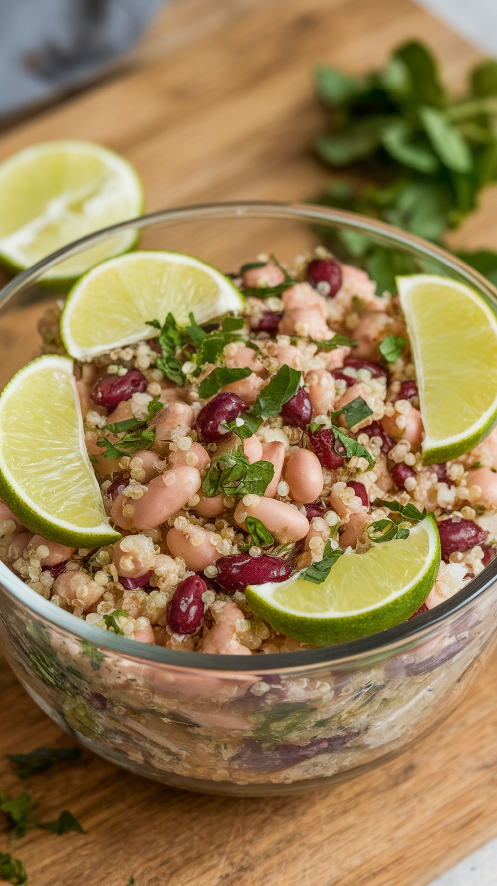 A colorful bowl of quinoa salad with beans, lime wedges, and fresh herbs.