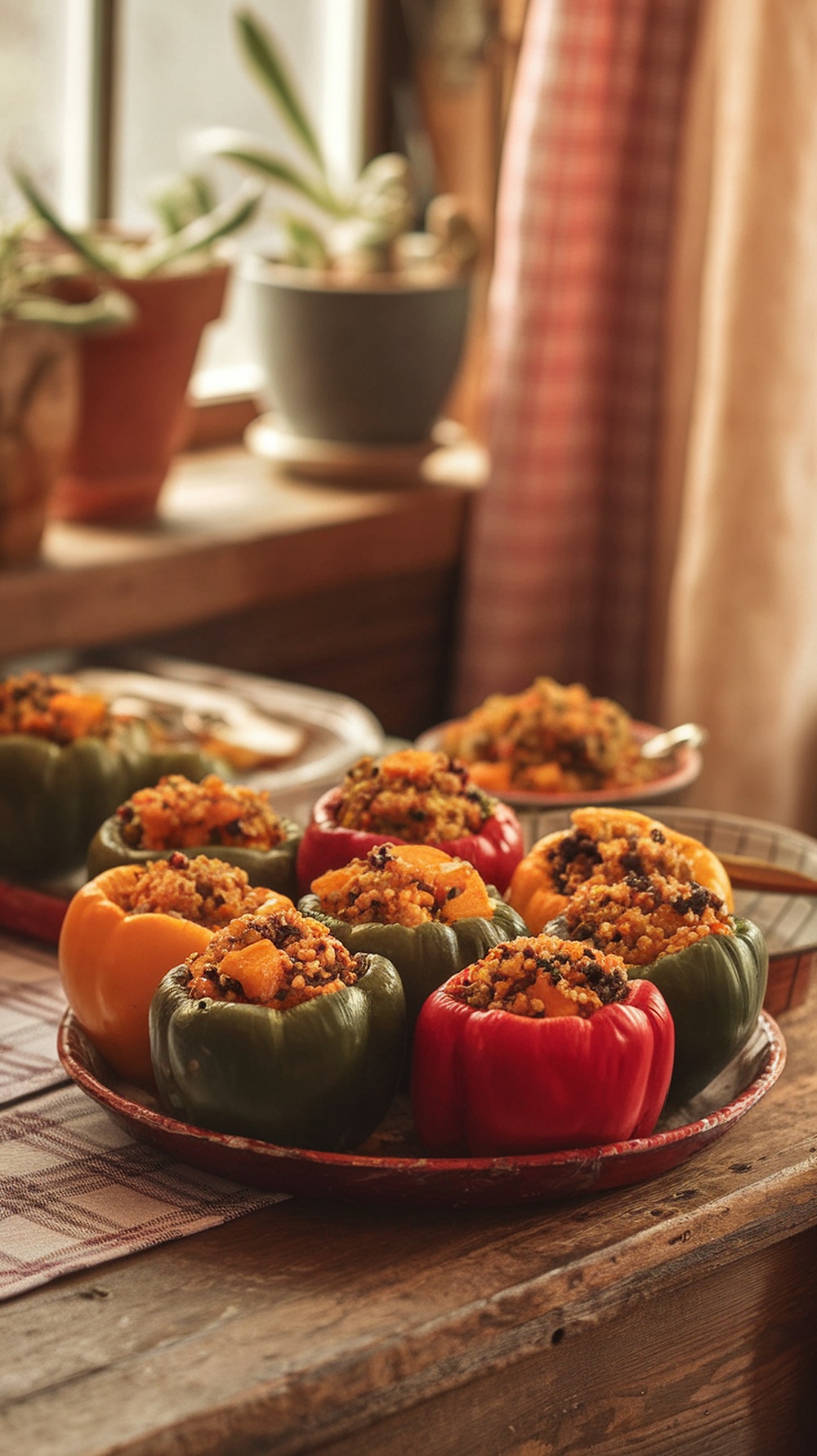 Colorful stuffed peppers filled with quinoa and pumpkin on a rustic table