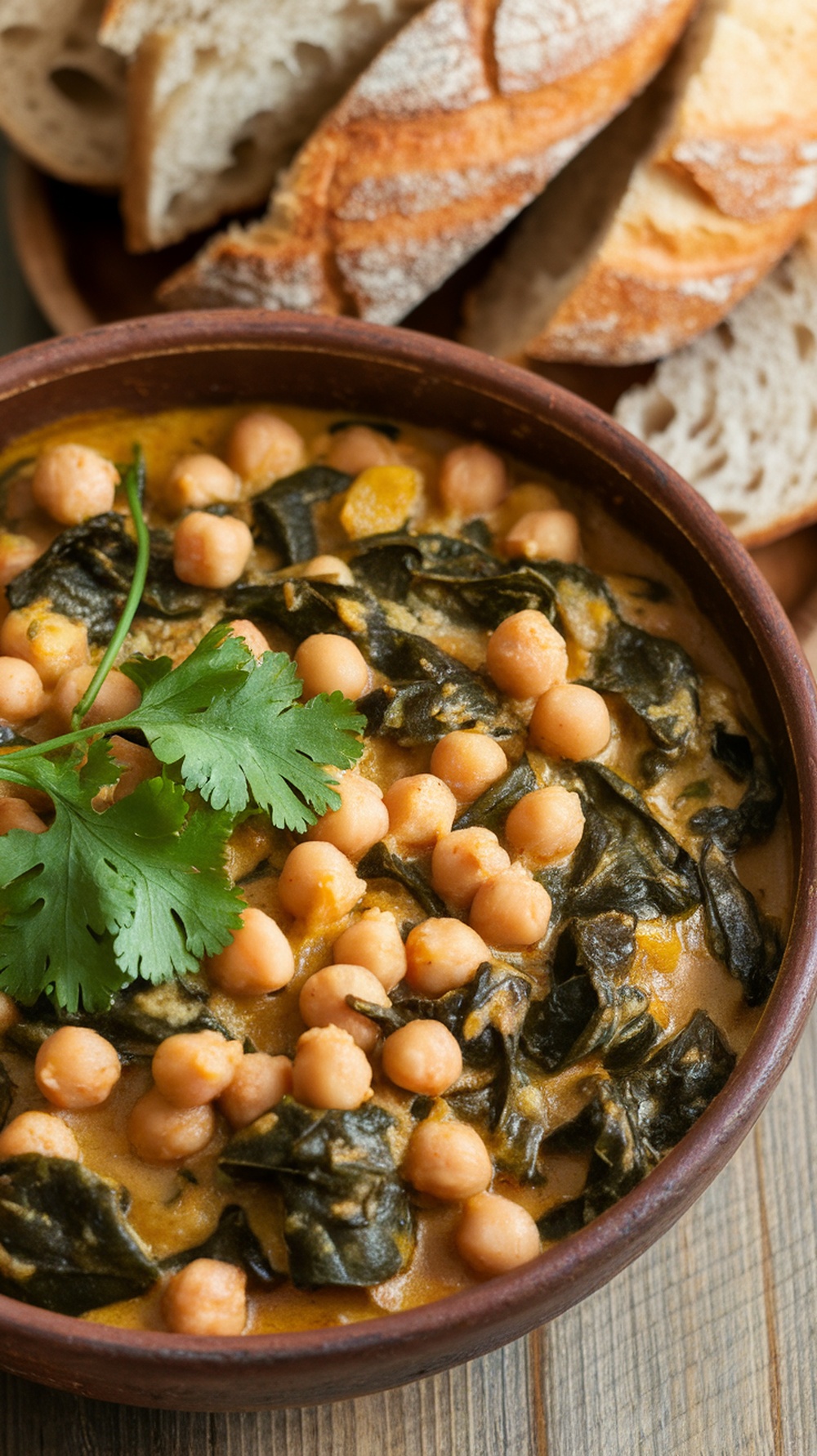 A bowl of chickpea and spinach stew with fresh herbs and slices of bread.