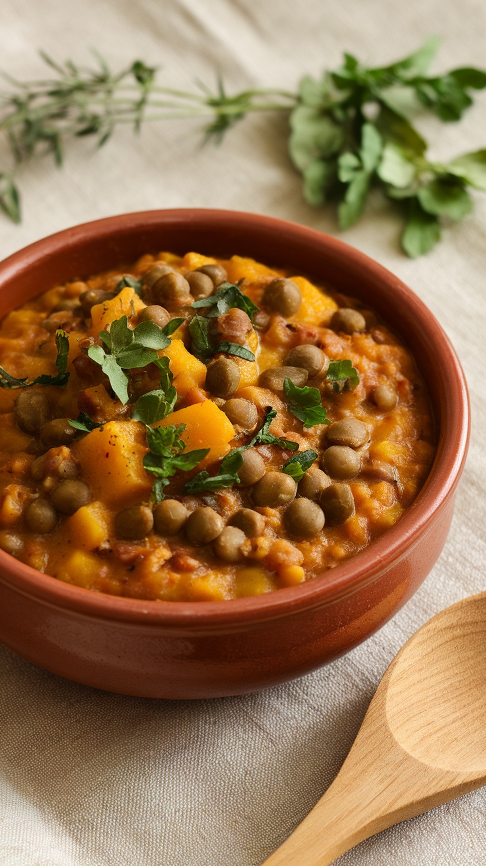 A bowl of pumpkin and lentil stew garnished with herbs.