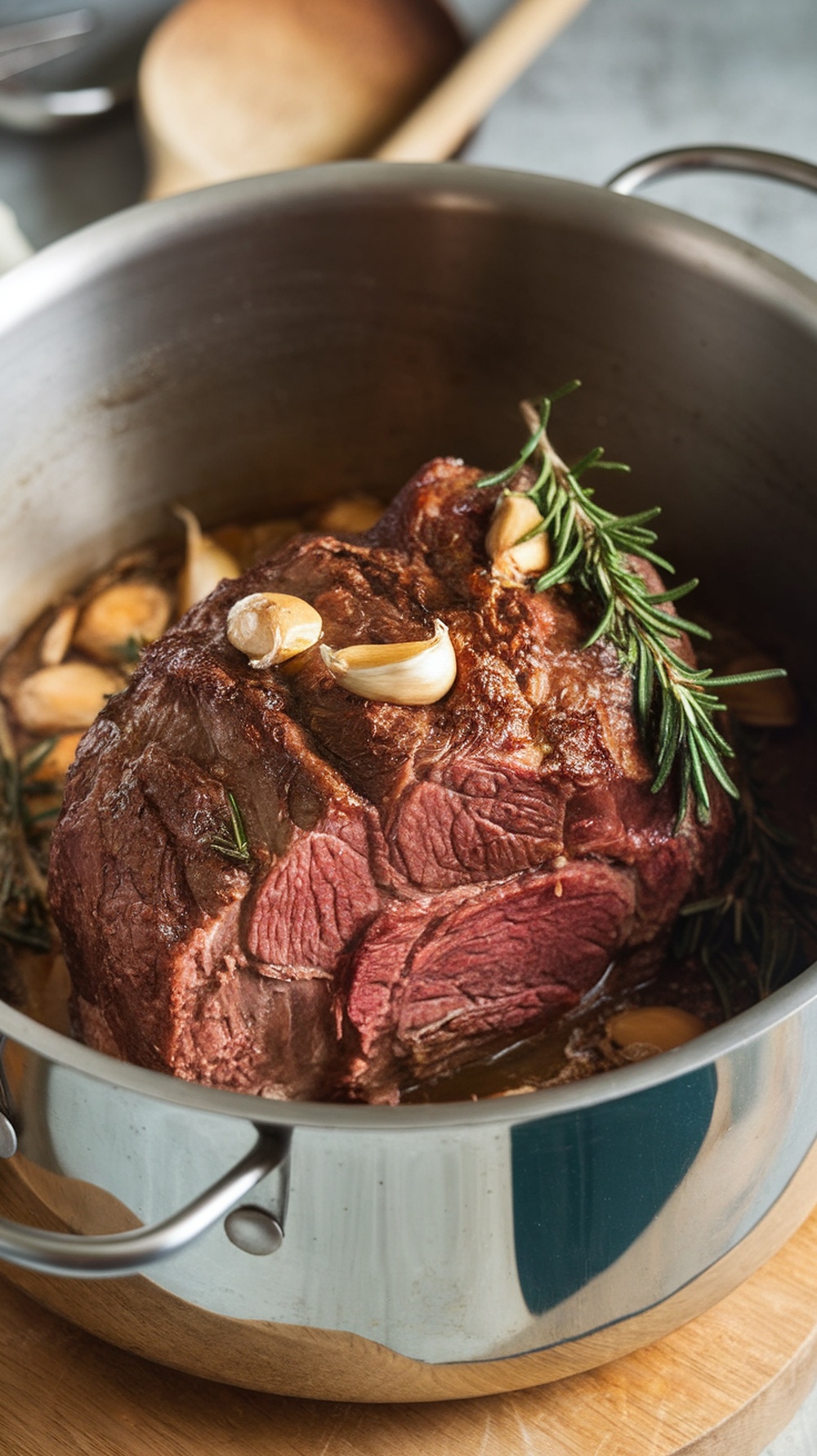 A pot roast with garlic and rosemary in a shiny pot, showcasing the ingredients for a delicious meal.
