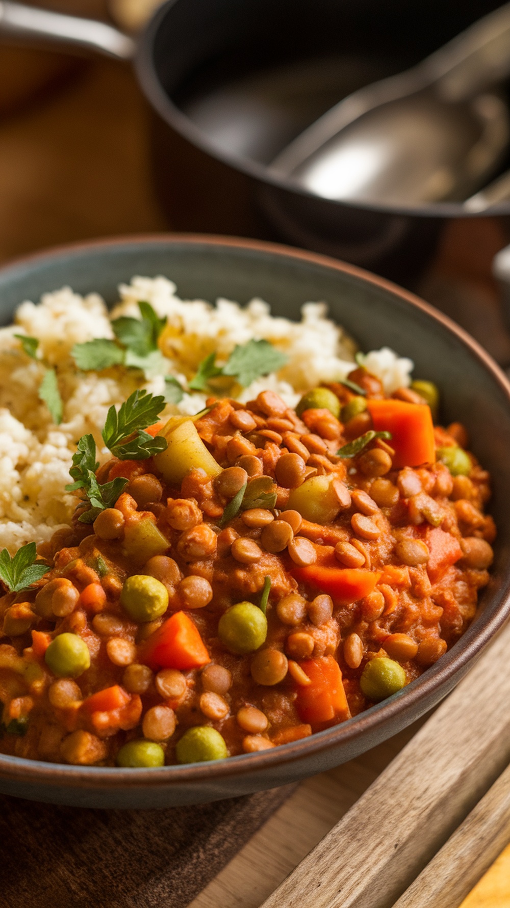 A bowl of lentil and vegetable curry served with cauliflower rice, garnished with fresh herbs.