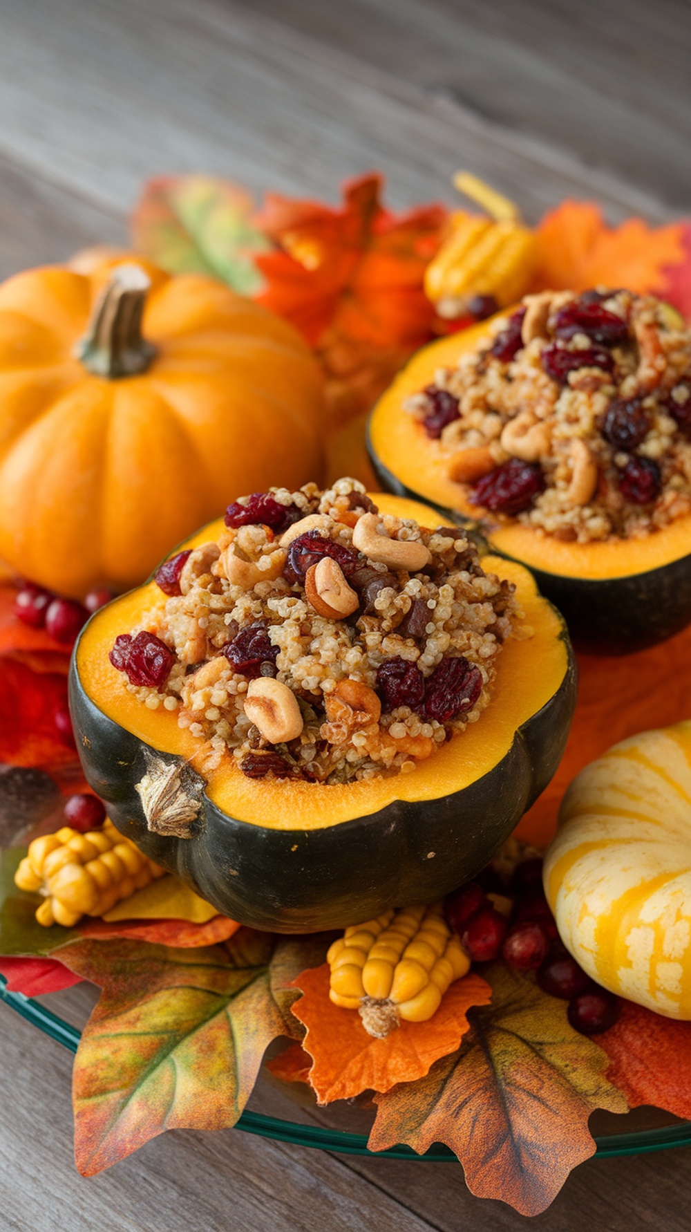 Quinoa-stuffed acorn squash with cranberries and cashews, surrounded by autumn leaves and mini pumpkins.