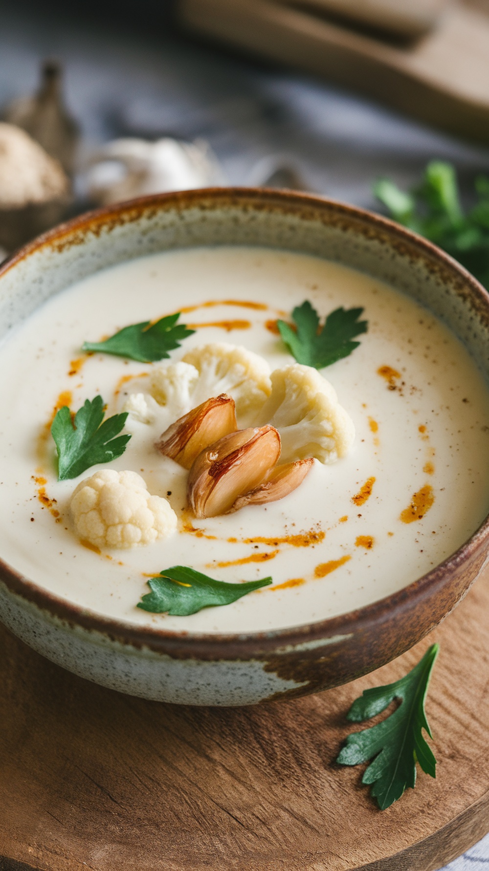 A bowl of creamy cauliflower and garlic soup garnished with parsley and roasted garlic.