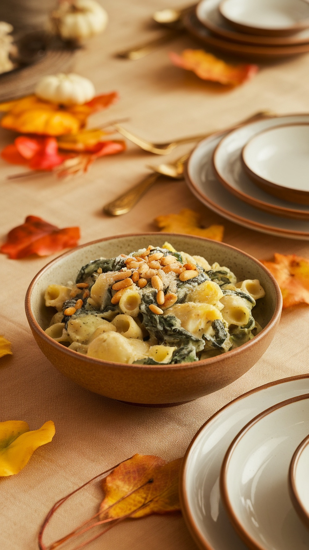 A bowl of creamy cauliflower and spinach pasta garnished with pine nuts, surrounded by autumn leaves and plates.