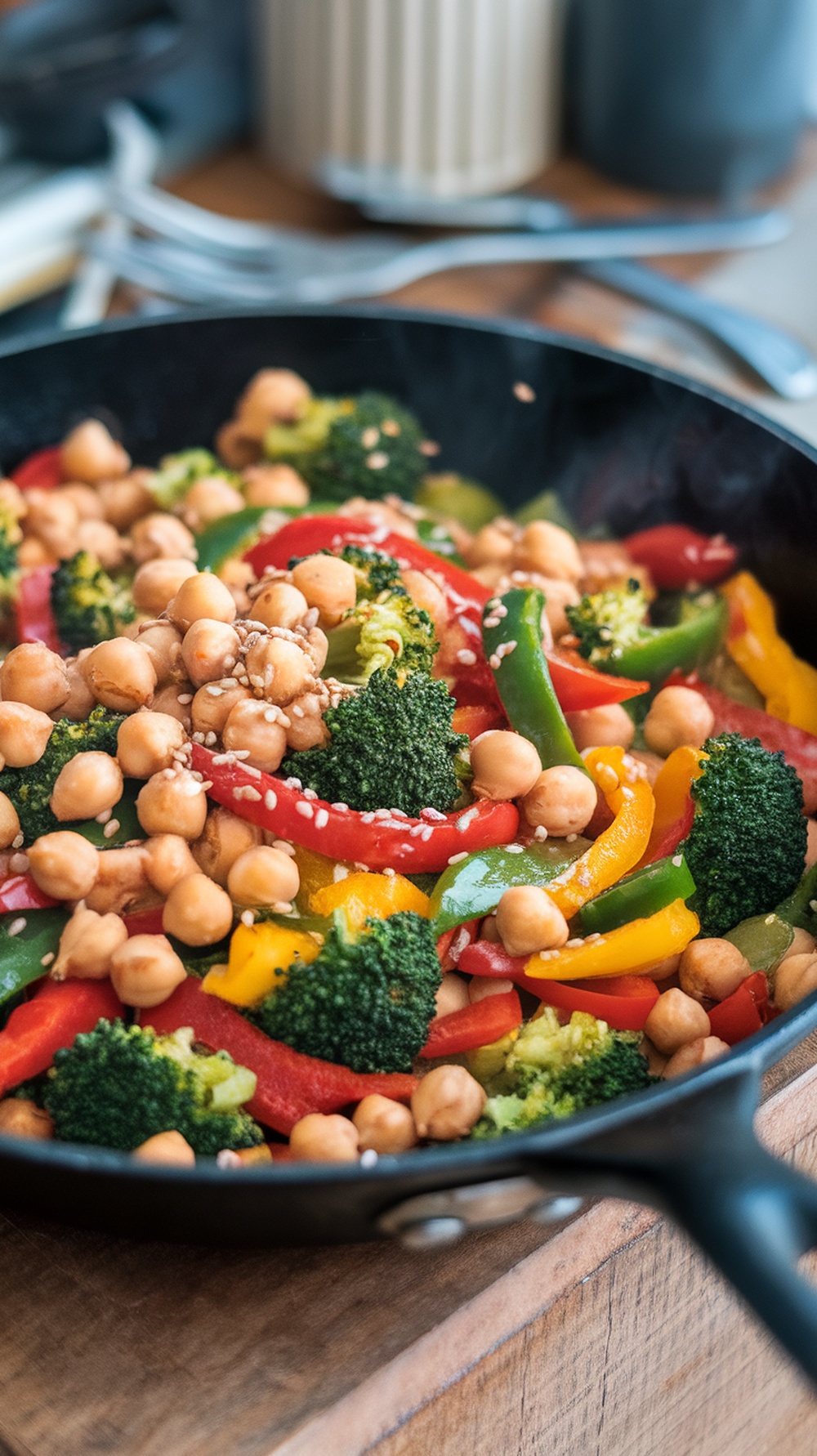 A colorful chickpea stir-fry with vegetables in a skillet.