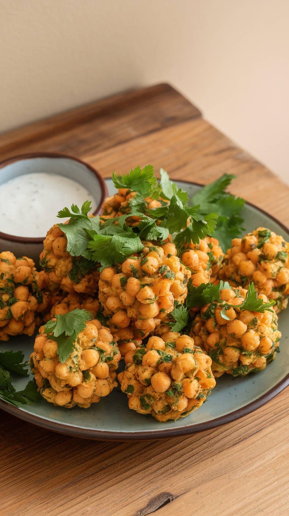 A plate of chickpea salad bites garnished with cilantro, served with a dipping sauce.