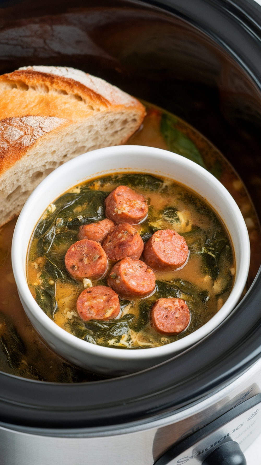 A bowl of Tuscan Sausage and Spinach Soup with sausage slices and spinach in a creamy broth, accompanied by a slice of bread.